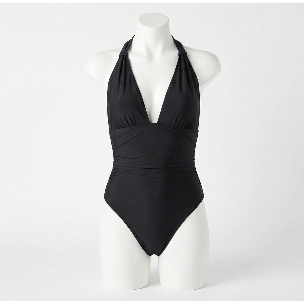 NEW RAMY BROOK haley ruched plunging one piece swimsuit in black